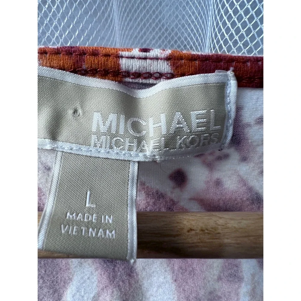 Michael Kors Womens Orange White Abstract Animal Print Surplice Ruched Top L